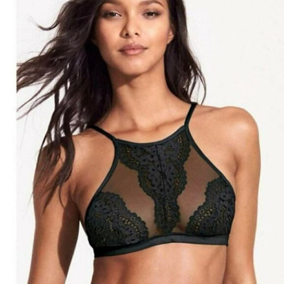 Victoria’s Secret Body by Victoria High Neck Lace Mesh Bralette Black Medium - Picture 1 of 10